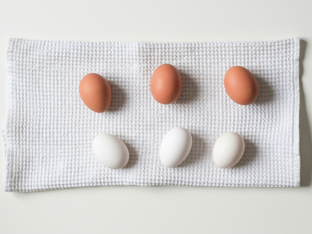 Three white eggs alongside three brown eggs